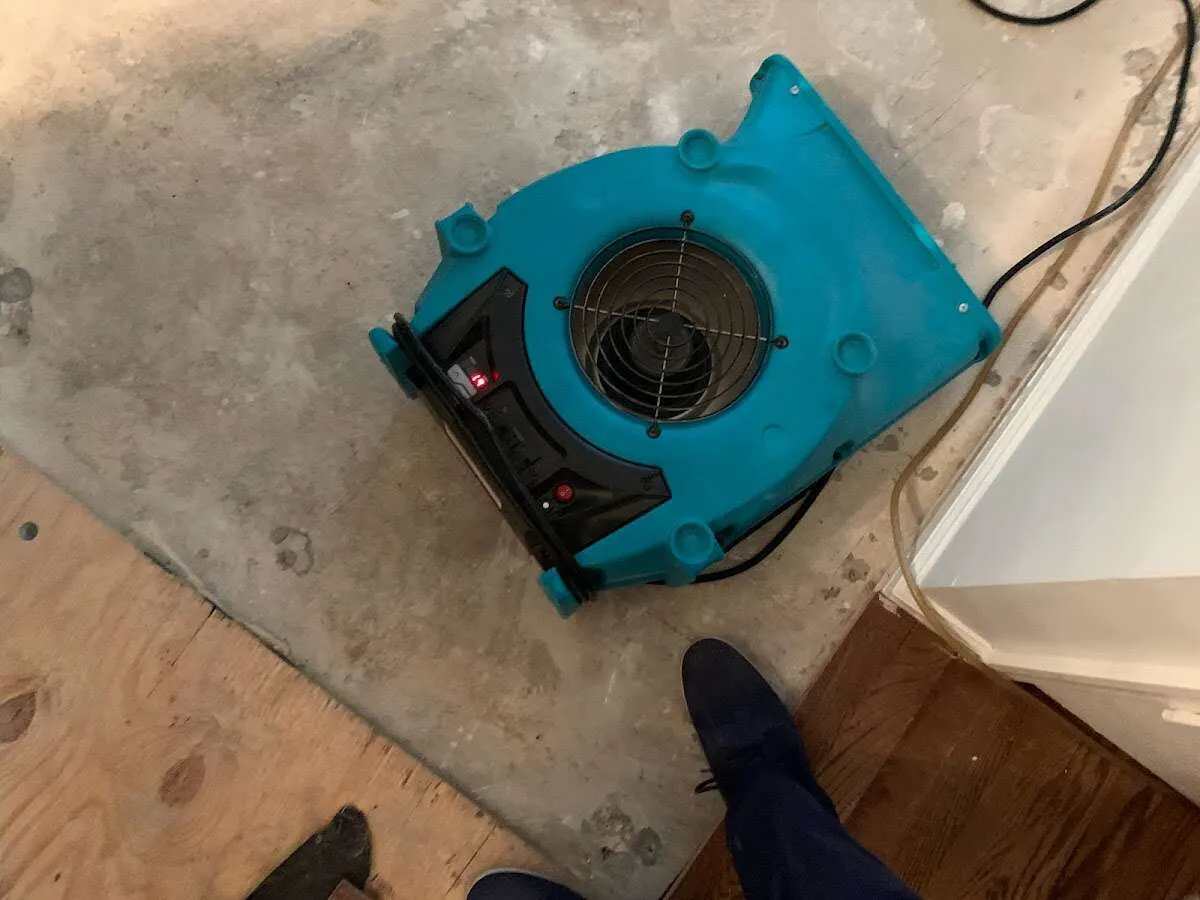 Air mover drying subfloor during Leak Detection & Repair in Terre Haute